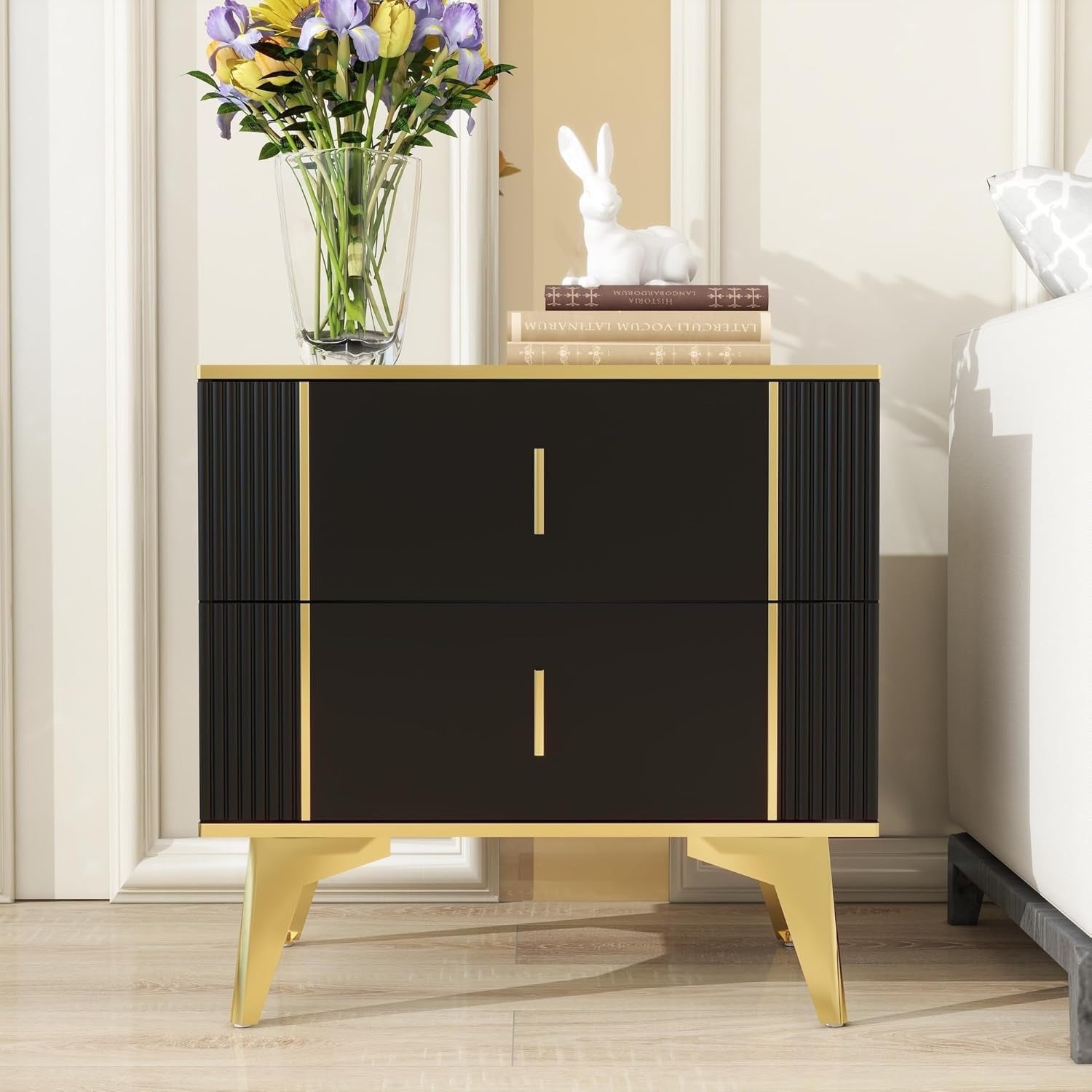 Black Gold Nightstand. Light Luxury Striped Bedside Table with 2 Wooden Drawers
