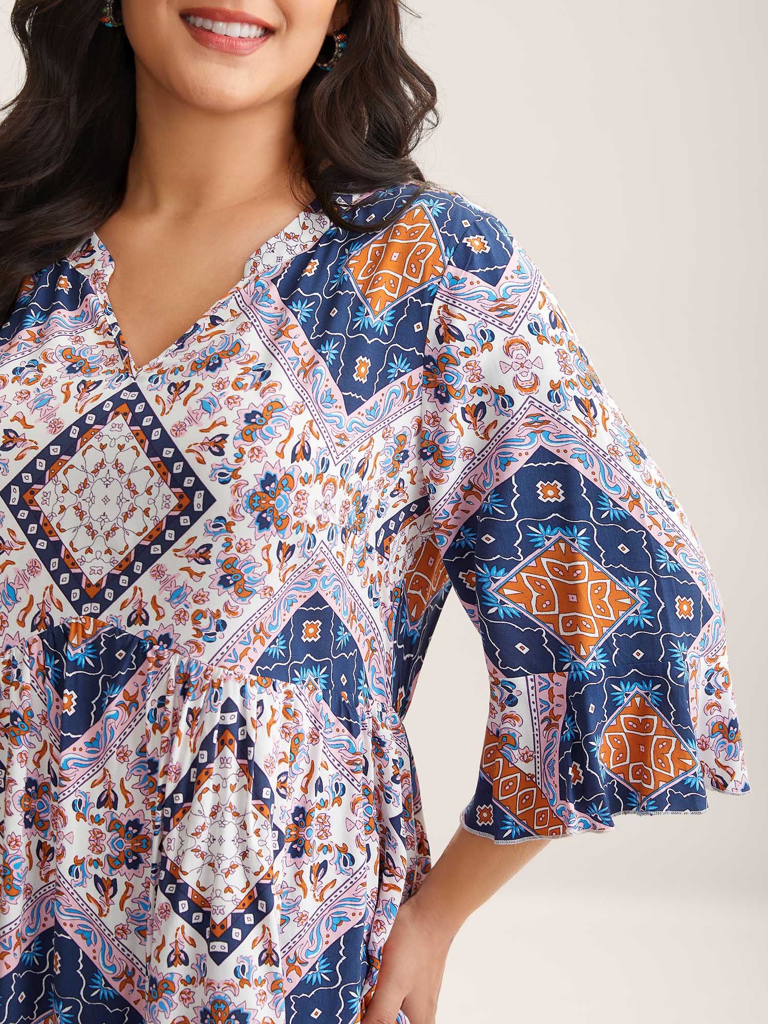 Boho Collage Print Notched Babydoll Top