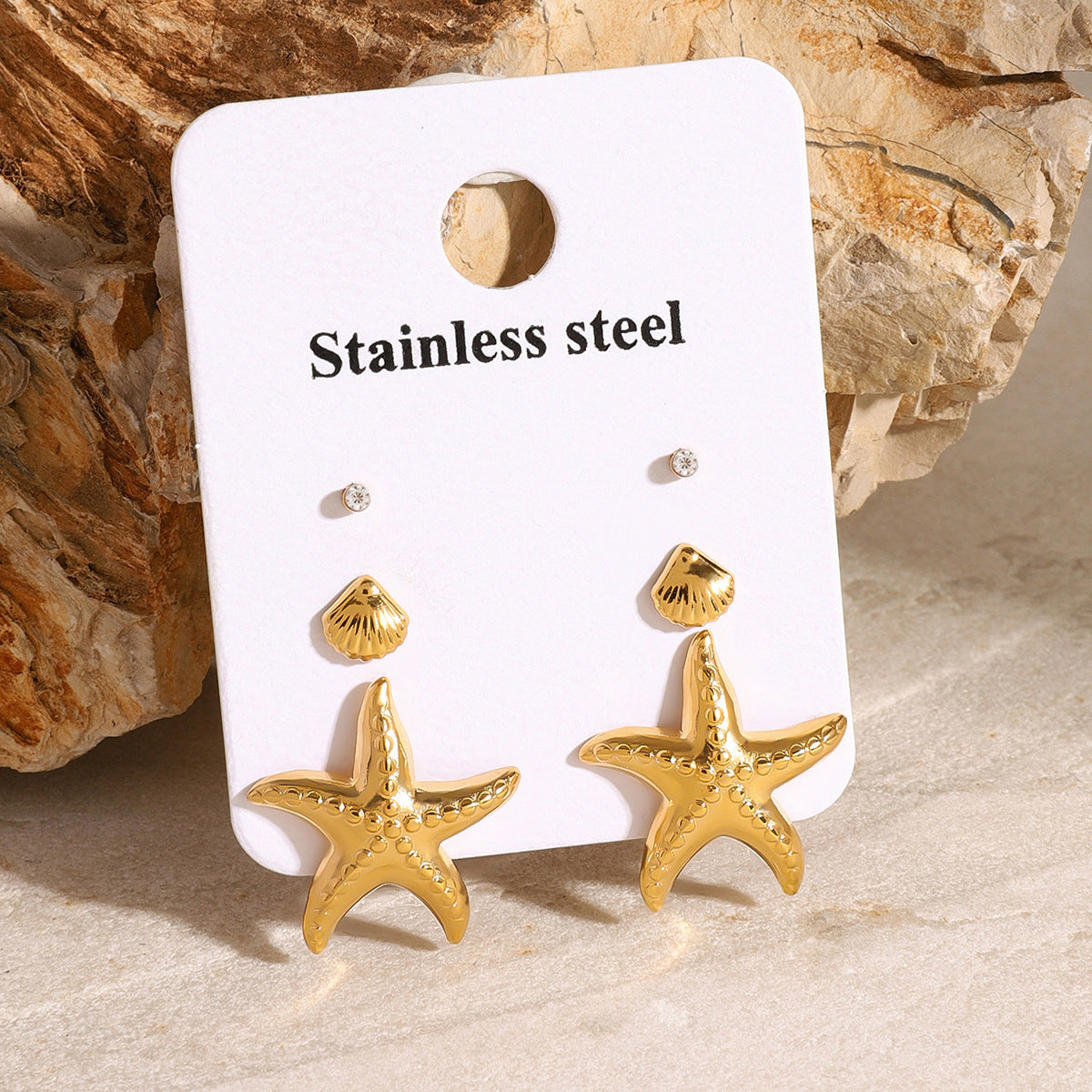 Three Pairs Of Stainless Steel Starfish Earrings Shell Earrings Titanium Steel Earrings