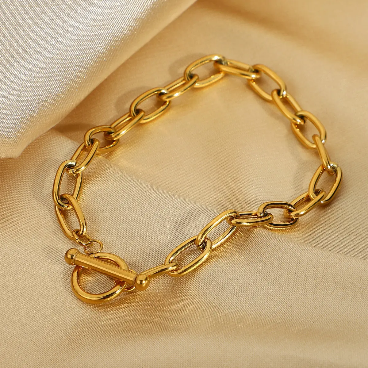 Gold Bracelet Paper Clip Bracelet T Ring Gold Plated Stainless Steel Oval Chain Bracelet For Women