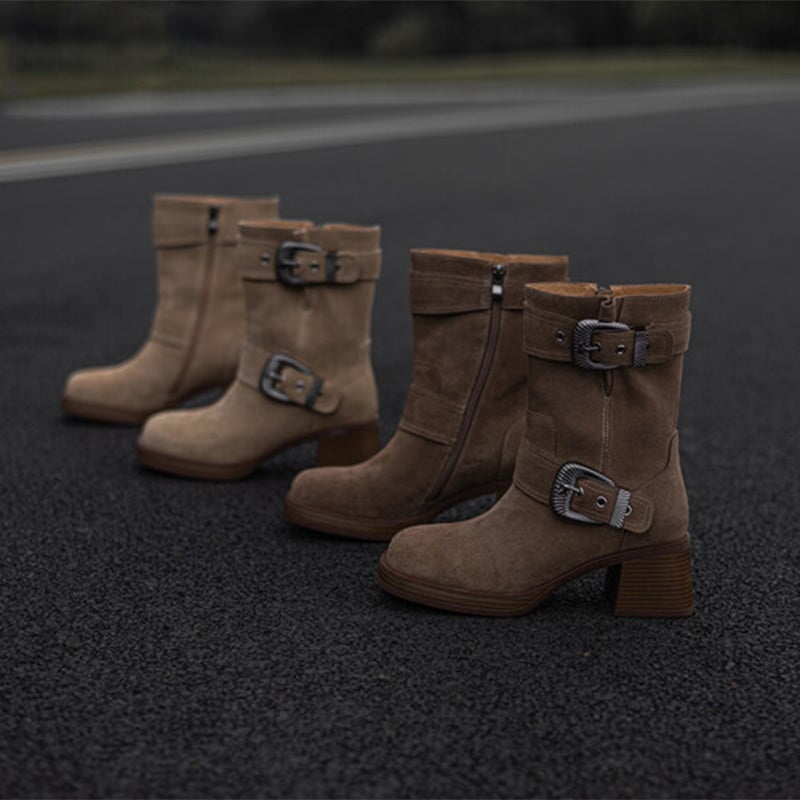 Nubuck Cow Leather Short Boots For Women Big Round Toe Western Riding Boots In Caramel/Khaki