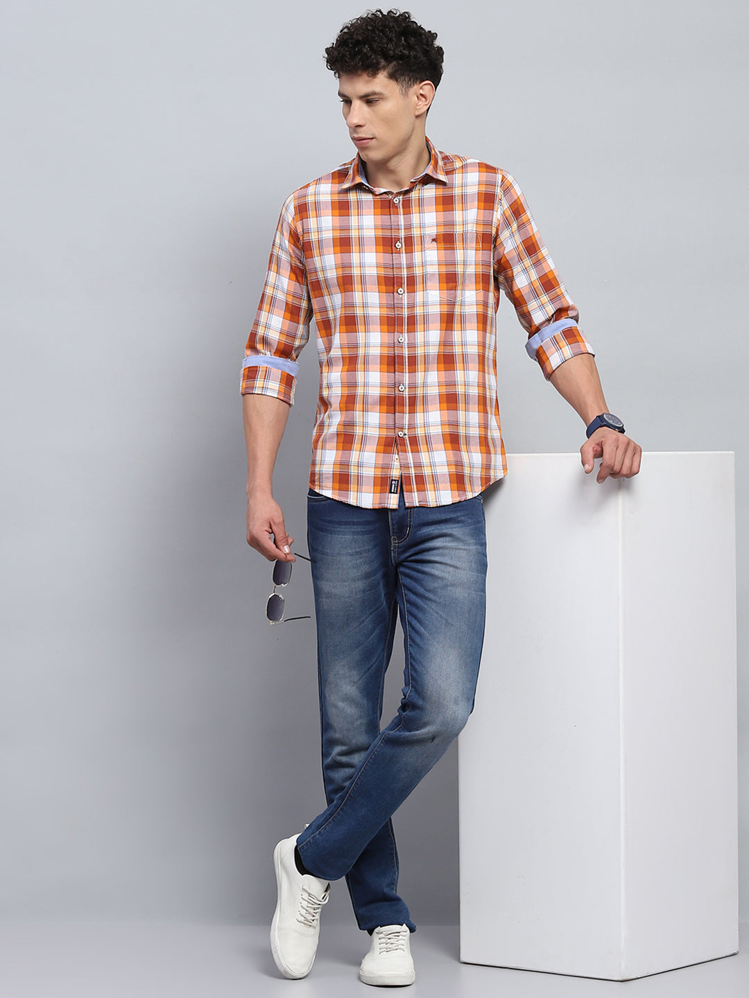 Men Orange Check Collar Full Sleeve Shirt