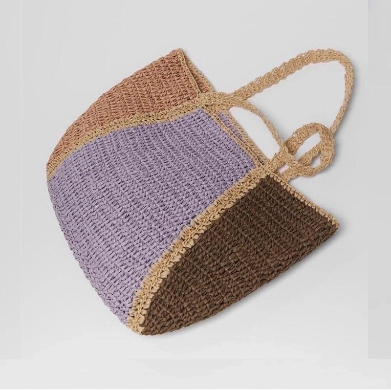 Women's Large Straw Color Block Vintage Style Square Open Straw Bag