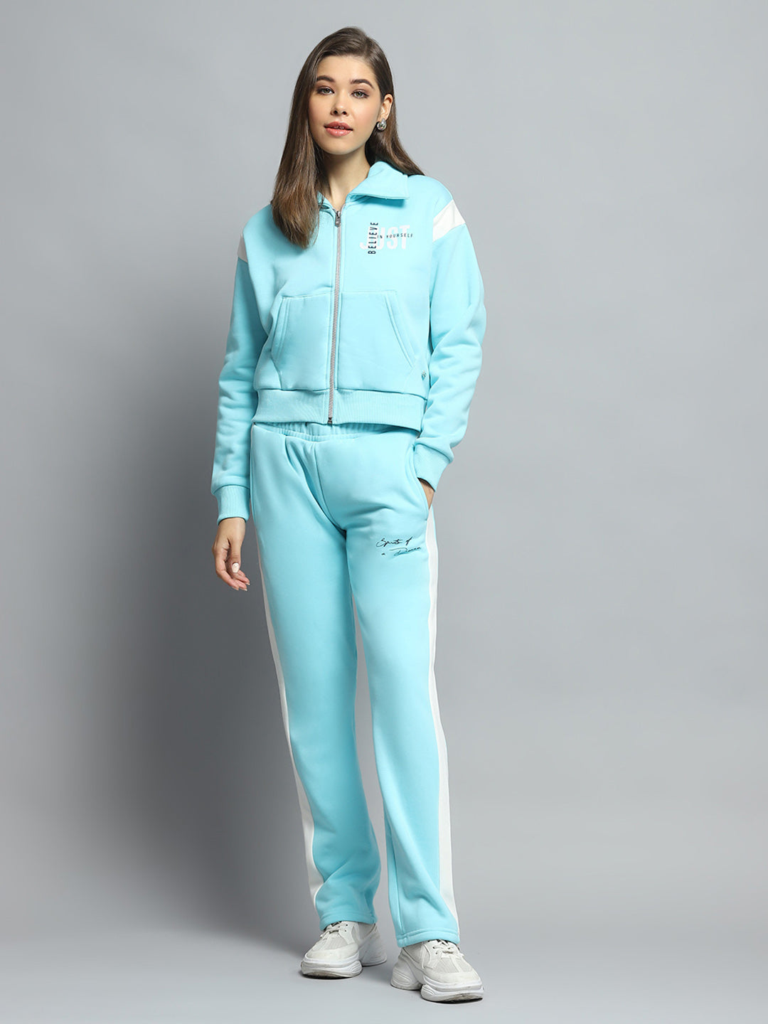 Women Blue Printed Collar Full Sleeve Tracksuit