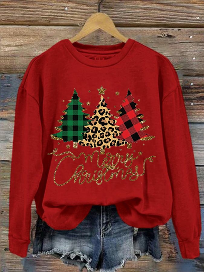 Women's Sequined Christmas Tree Print Sweatshirt