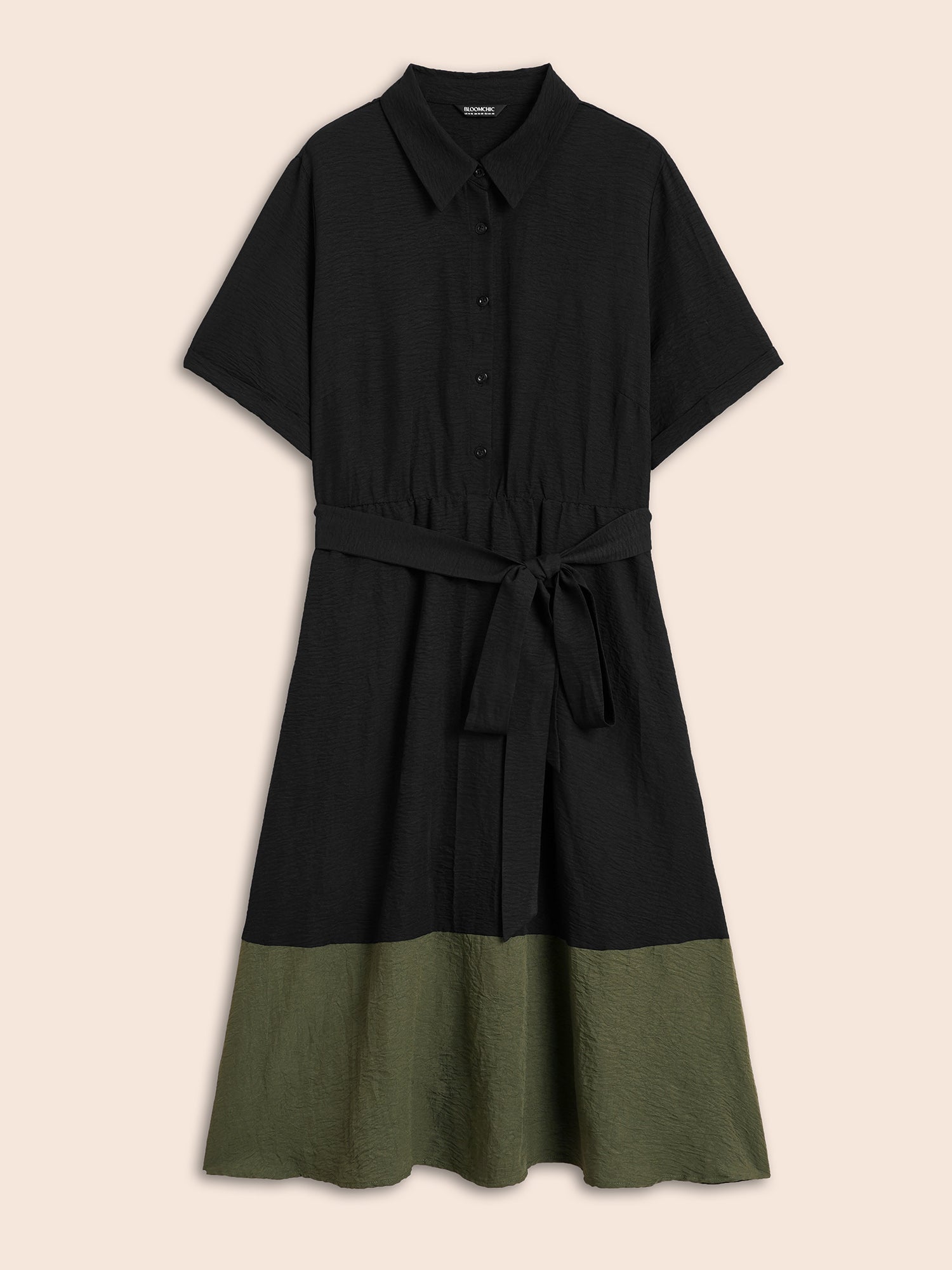 Shirt Collar Contrast Patchwork Belted Midi Dress