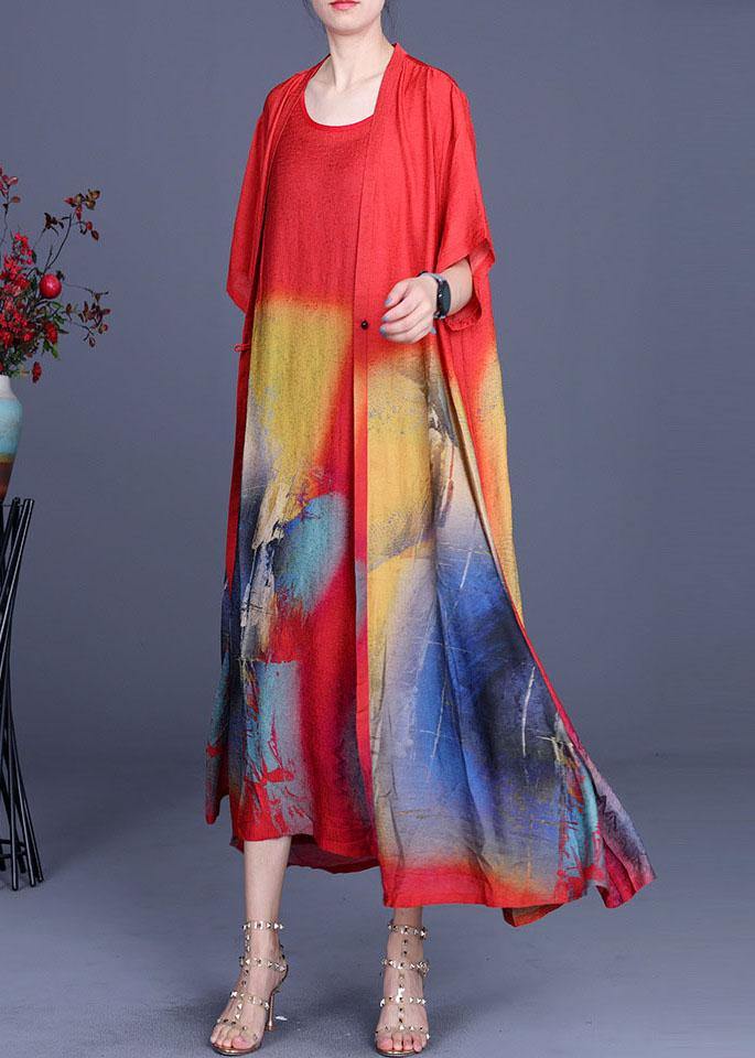Elegant Black Print Silk Cardigans Braces Skirt Two Pieces Set