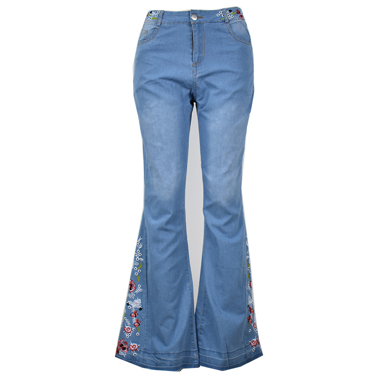 Embroidery Floral Jeans For Women Flares Bell Wide Leg Jeans Vintage Retro Denim Pants