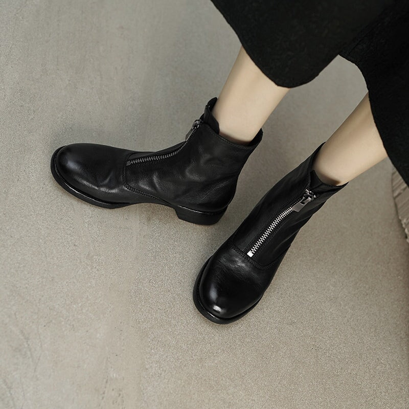 Washed Horse Leather Ankle Boots Front Zip Short Boots For Women in Black/Pink/Red/Grey