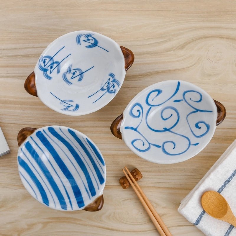 Tableware Ceramic Double Ear Bowl Dipping Snack Bowl Salad Bowl Fruit Plate Household Small Bowl With Handle Seasoning Bowl Dish Anti-scald