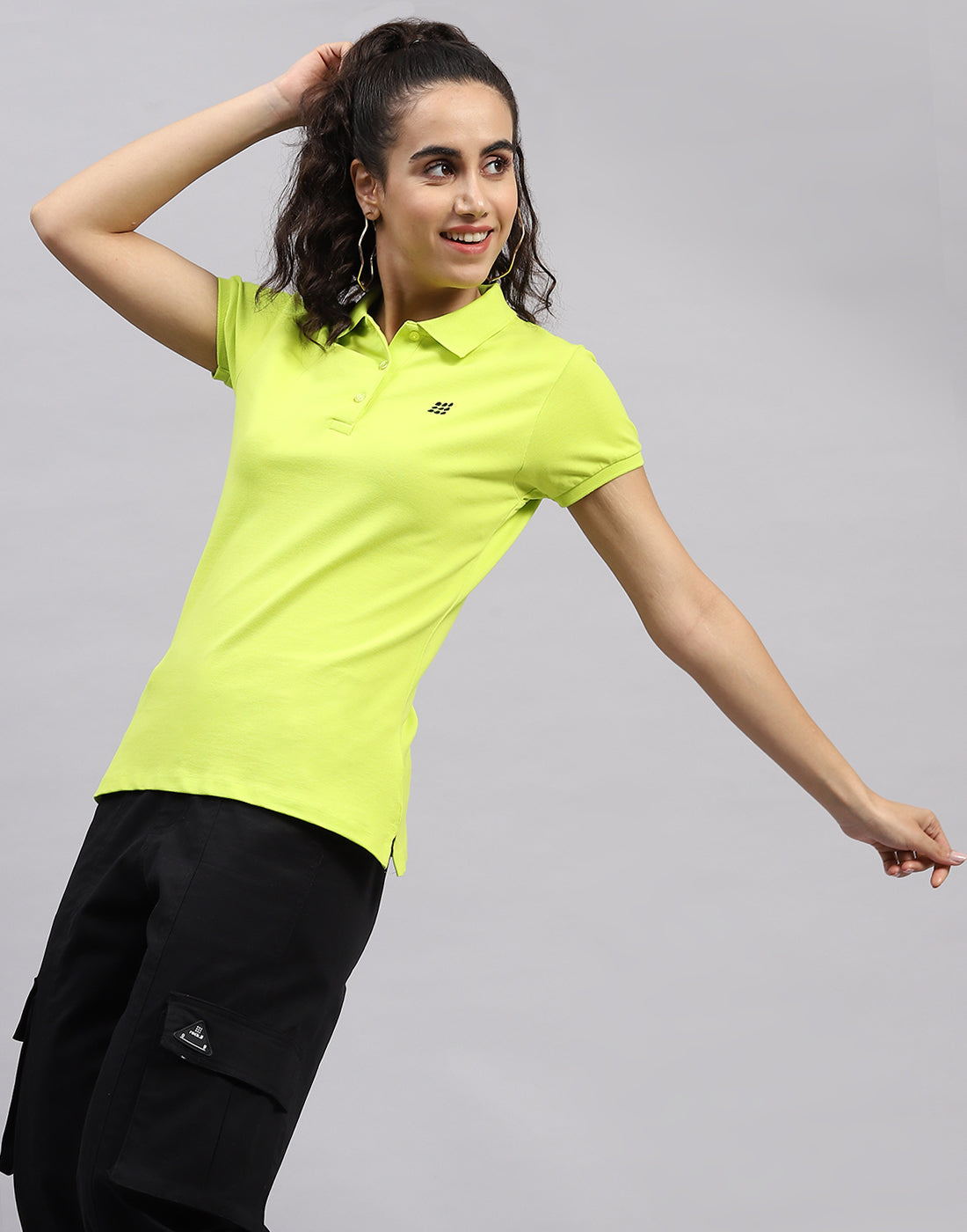 Women Fluorescent Green Solid Polo Collar Half Sleeve T Shirt