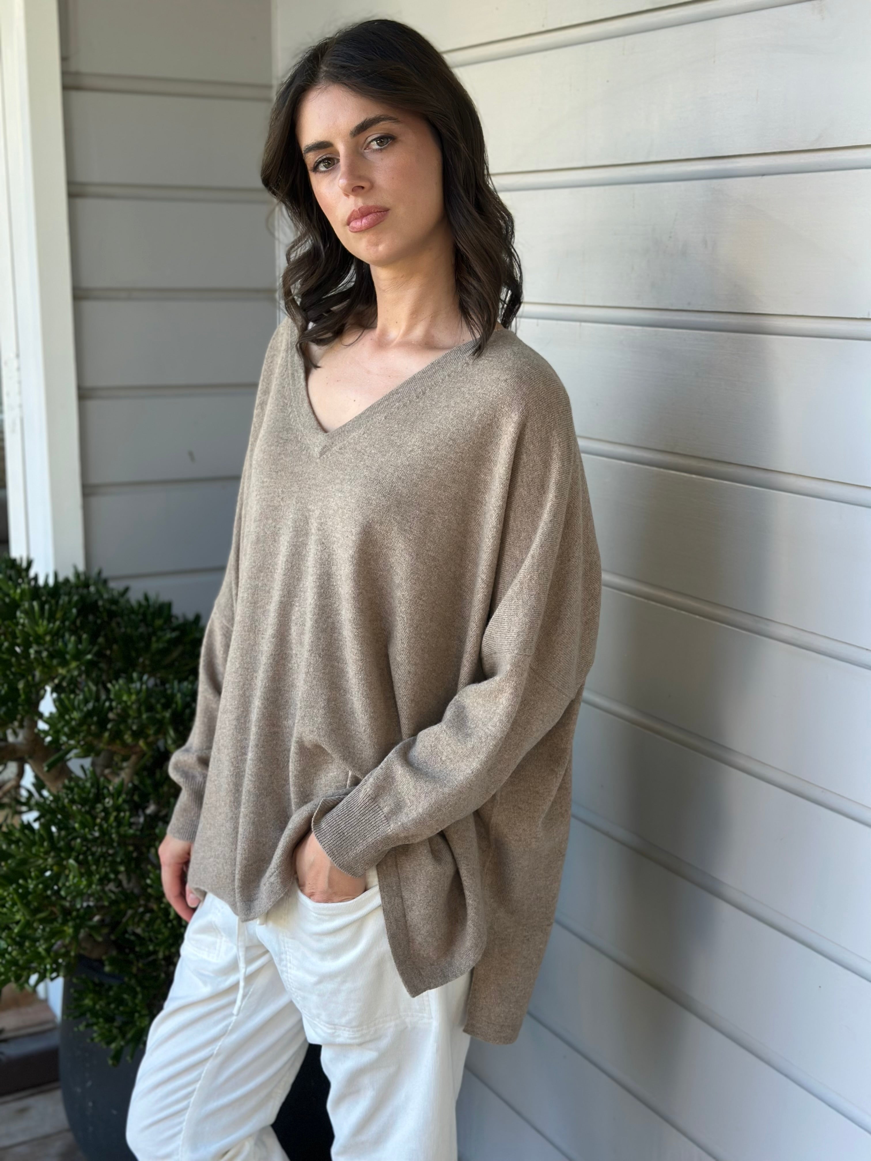 relaxed boyfriend knit- wheat cashmere