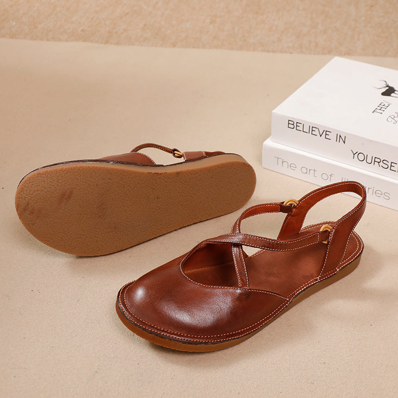 Casual Leather Closed-Toe Flat Sandals Soft Sole Summer X-Strap Slingback Shoes in Caramel/Brown