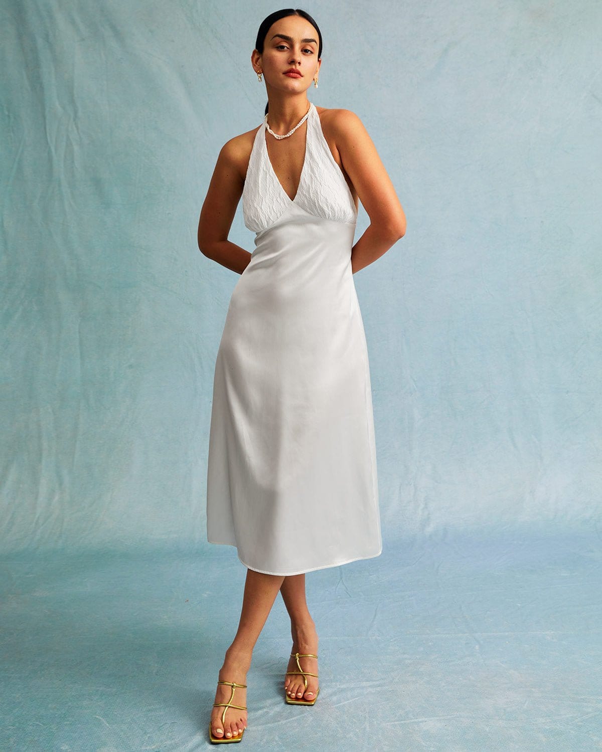 The White Halter Spliced Ruched Satin Midi Dress