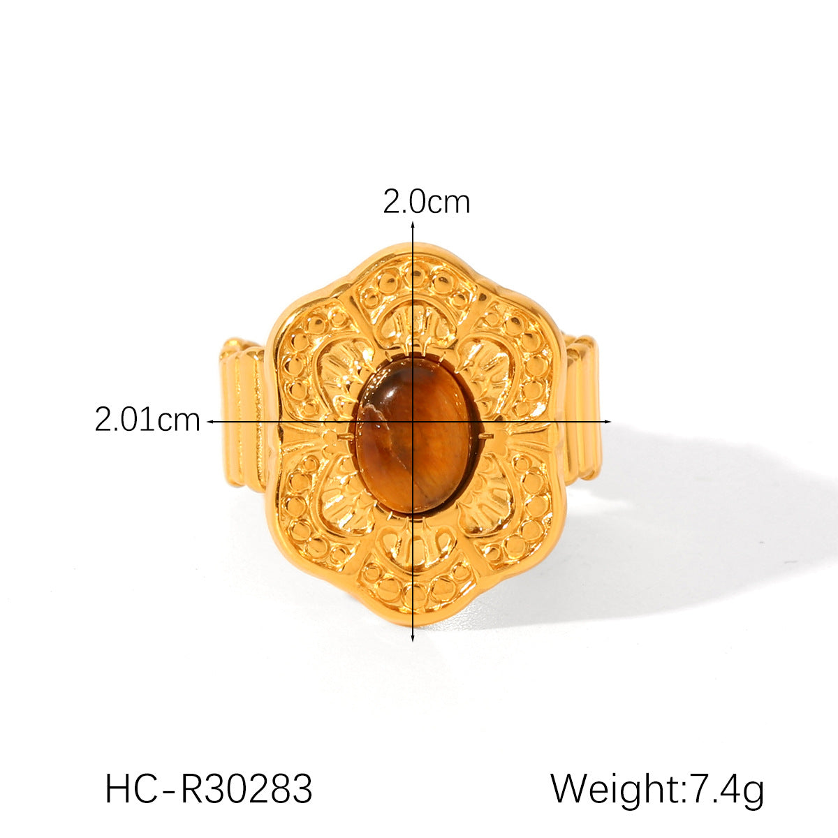 French Retro Stainless Steel Inlaid Natural Tiger Eye Stone Ring Female All-Match Geometric Titanium Steel Ring