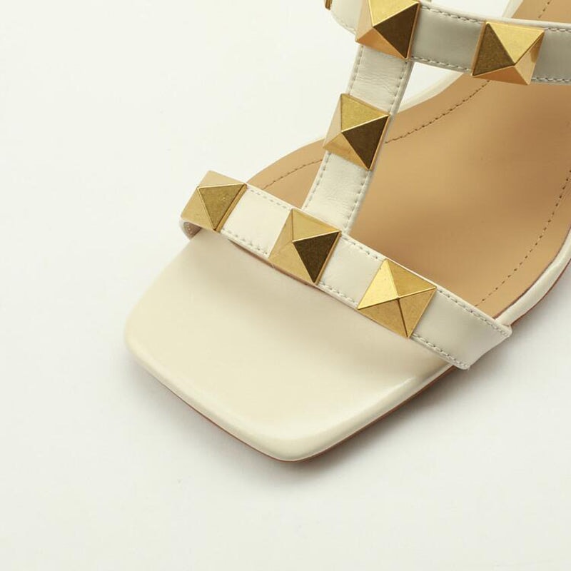 Sheepskin Rivet 55mm Kitty Heel Gladiator Sandals in Pink/Beige/Yellow