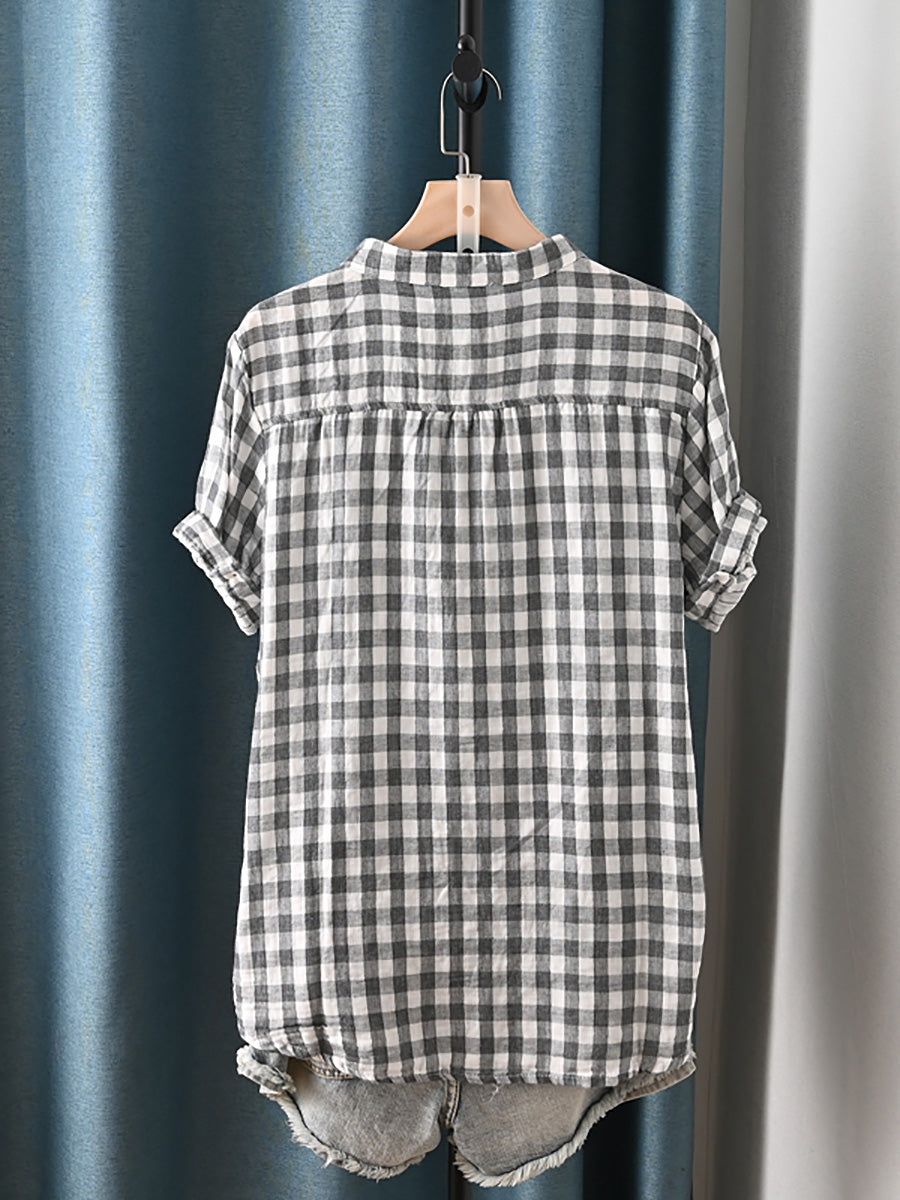 Women Summer Artsy Lattice Stand Collar 100%Cotton Shirt