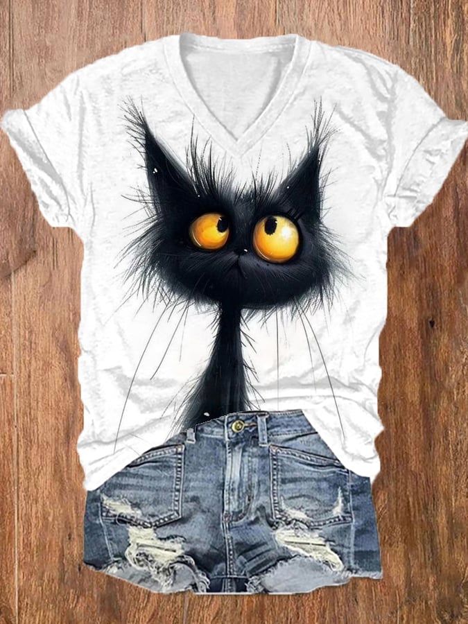 Women's Funny Cat Print Casual V-Neck Tee