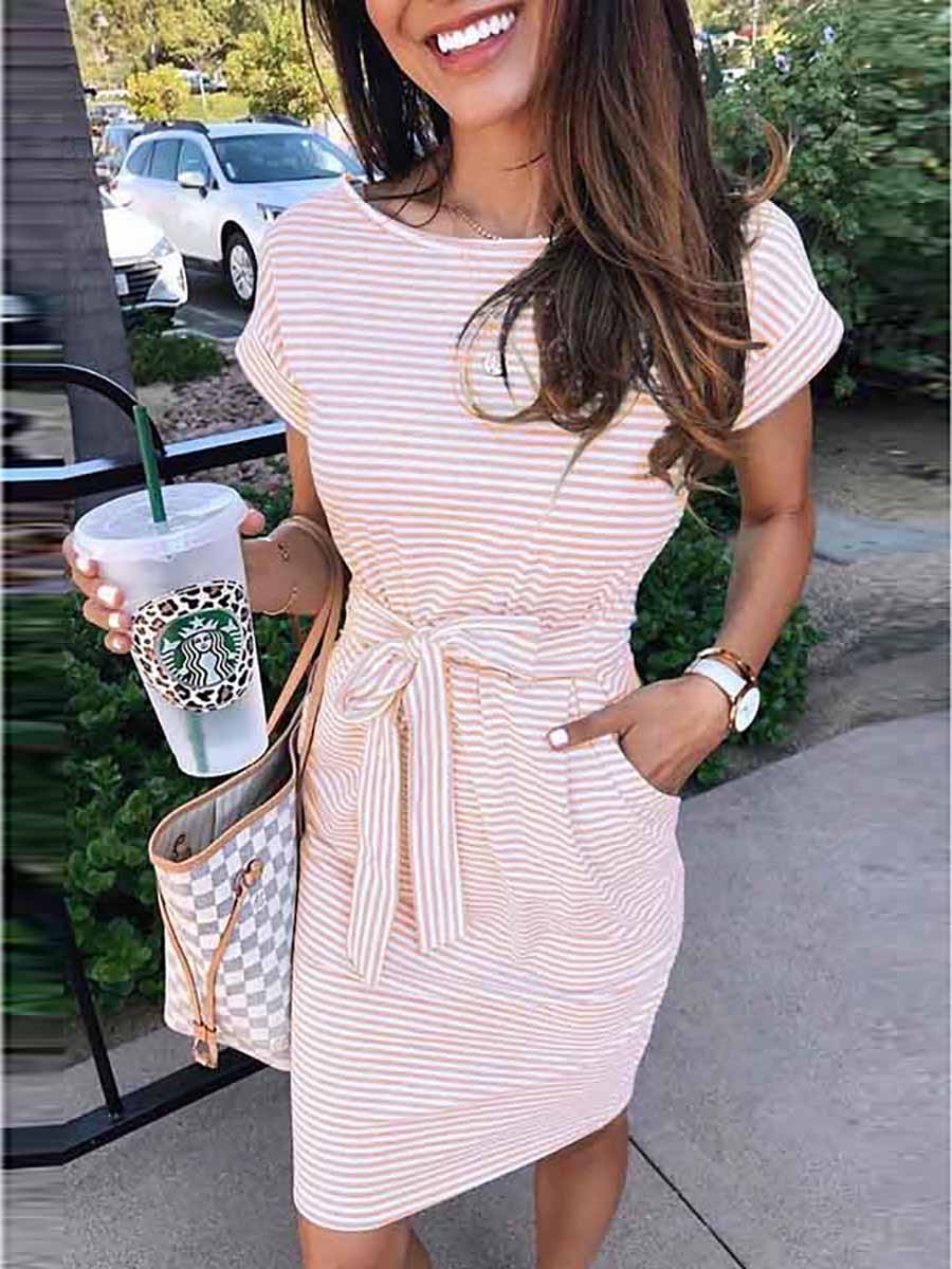 Short Sleeve Pinstripe Round Neck Casual Wear Dress