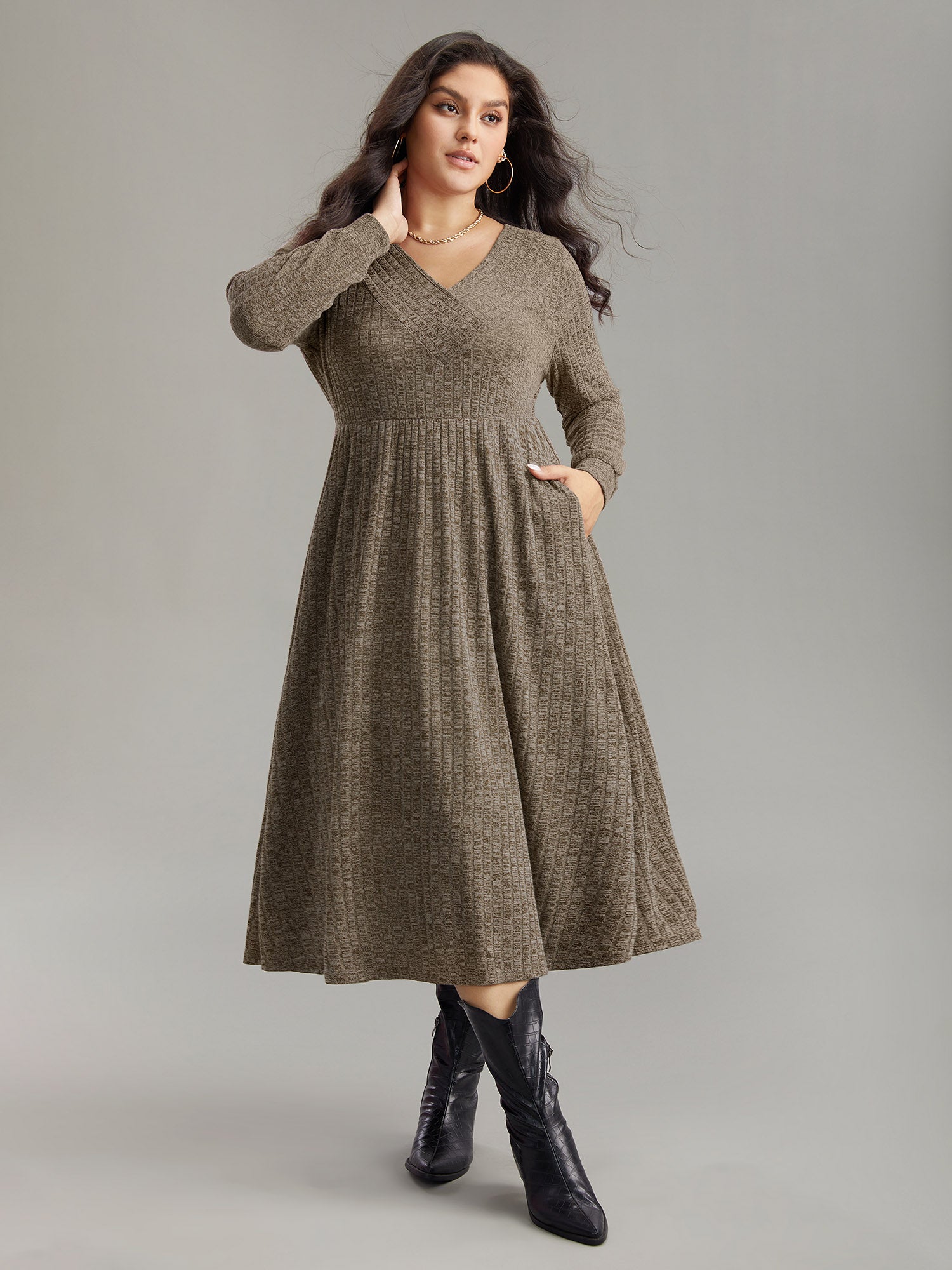 Rib Knit Plain Plisse Long Sleeve Dress