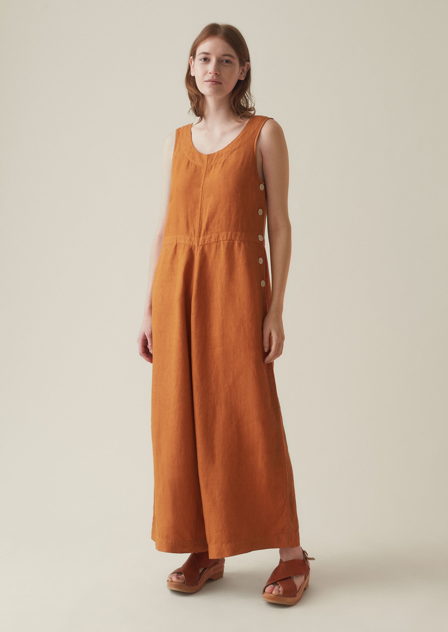Garment Dyed Linen Side Button Jumpsuit | Copper