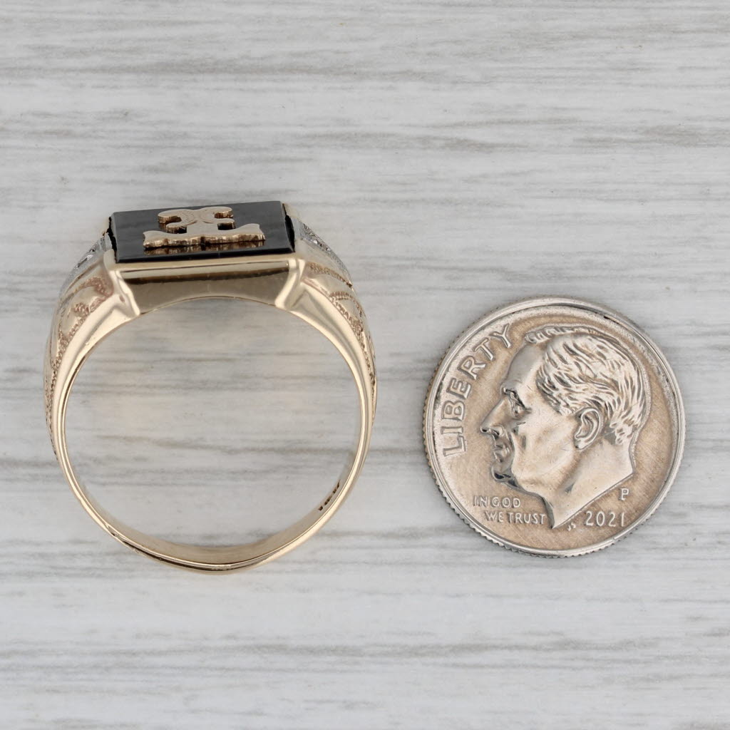 Letter Initial T Onyx Diamond Signet Ring 10k Yellow Gold Ornate Men's Size 9.75