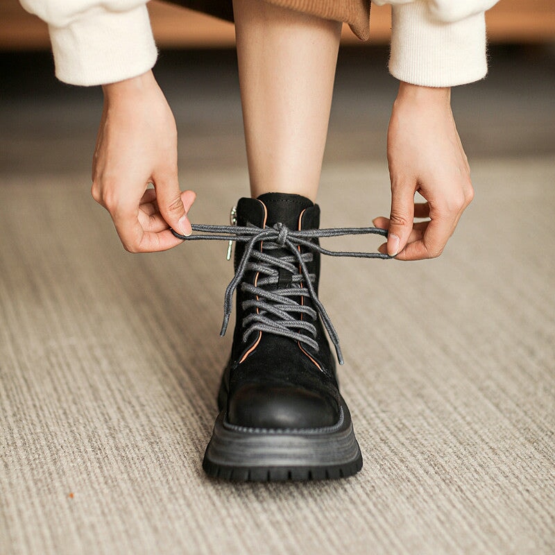 50mm Platform Chunky Lace-up Leather Boots Designer Retro Combat Boots Handmade in Black/Coffee