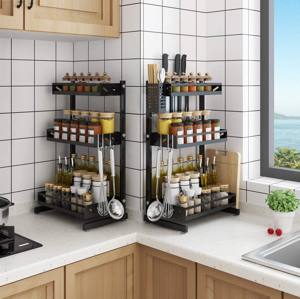 3 Tier Metal Countertop Kitchen Spice Rack Standing Corner Shelf Removable Seasoning Organizer Jars Bottle Storage Knife Utensils Holder with 3 Hooks. Black