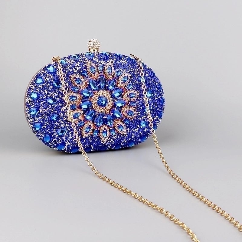 Red Green Blue Pu Leather Polyester Flower Rhinestone Oval Evening Bags