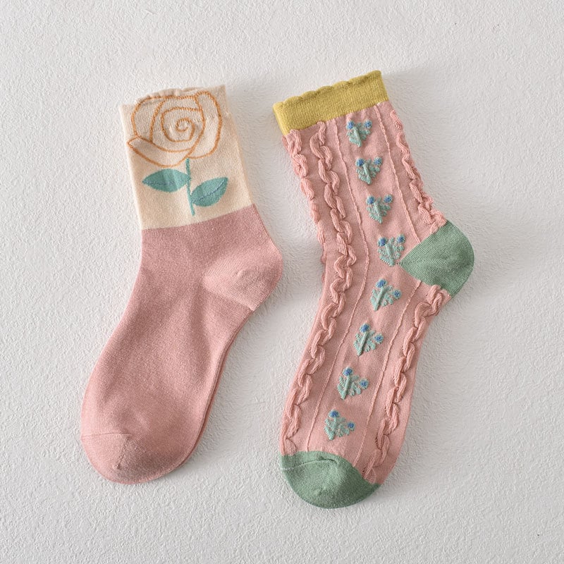 49%OFF-5 pairs of women's pink floral cotton socks