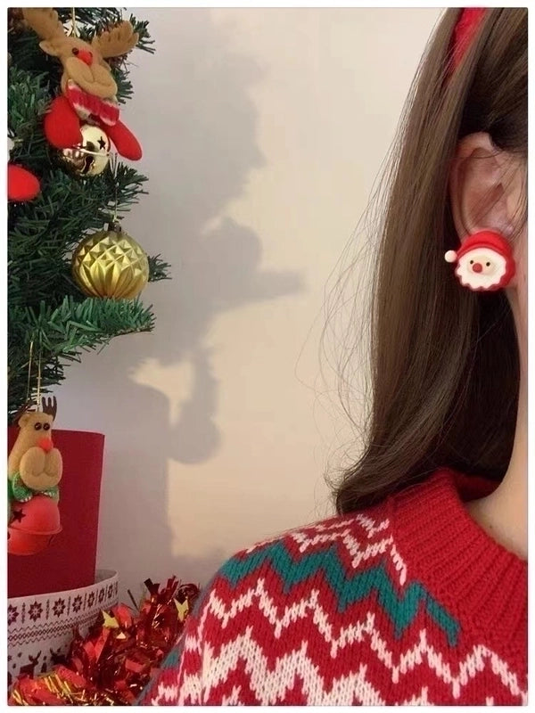 Cute Christmas Stud Earrings ~ Cartoon Santa Claus Elk Gingerbread Man Ear Clip Sweet Girl Sterling Silver Needle Earrings