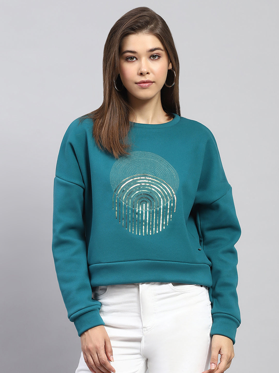 Women Green Printed Round Neck Full Sleeve Sweatshirt