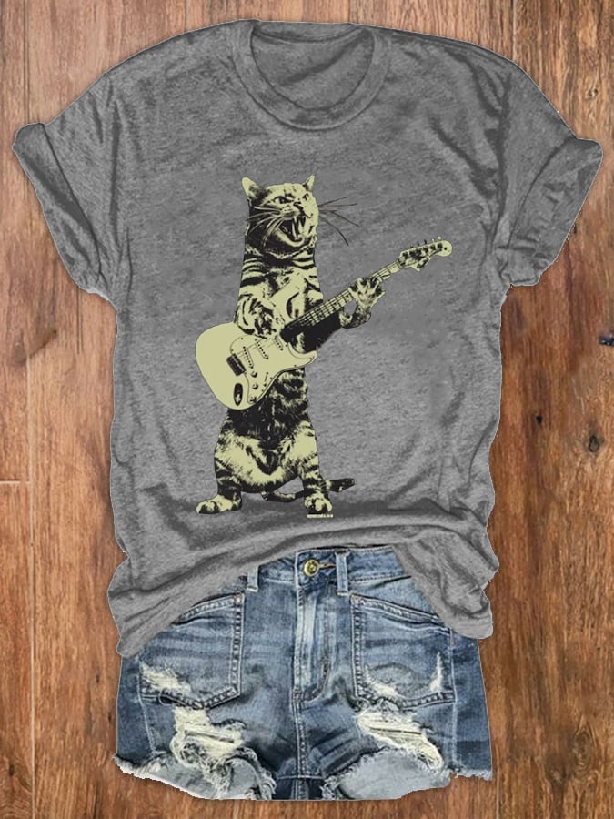 Women's Funny Cat Playing Guitar Graphic Casual Tee