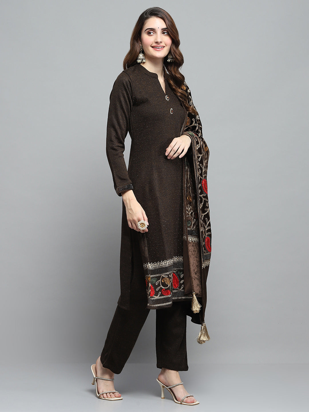 Women Brown Self Design Round Neck Full Sleeve Kurti Set & Stole