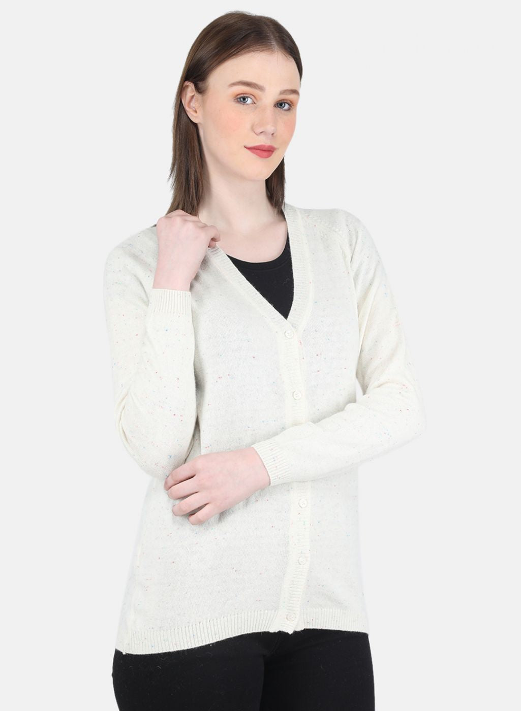 Women Off White Solid Cardigan