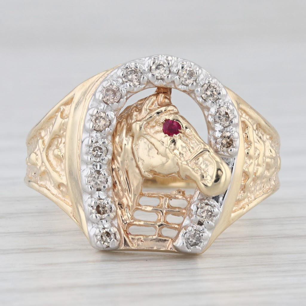 0.20ctw Diamond Horseshoe Horse Ring 14k Gold Size 11.5 Western Lab Created Ruby
