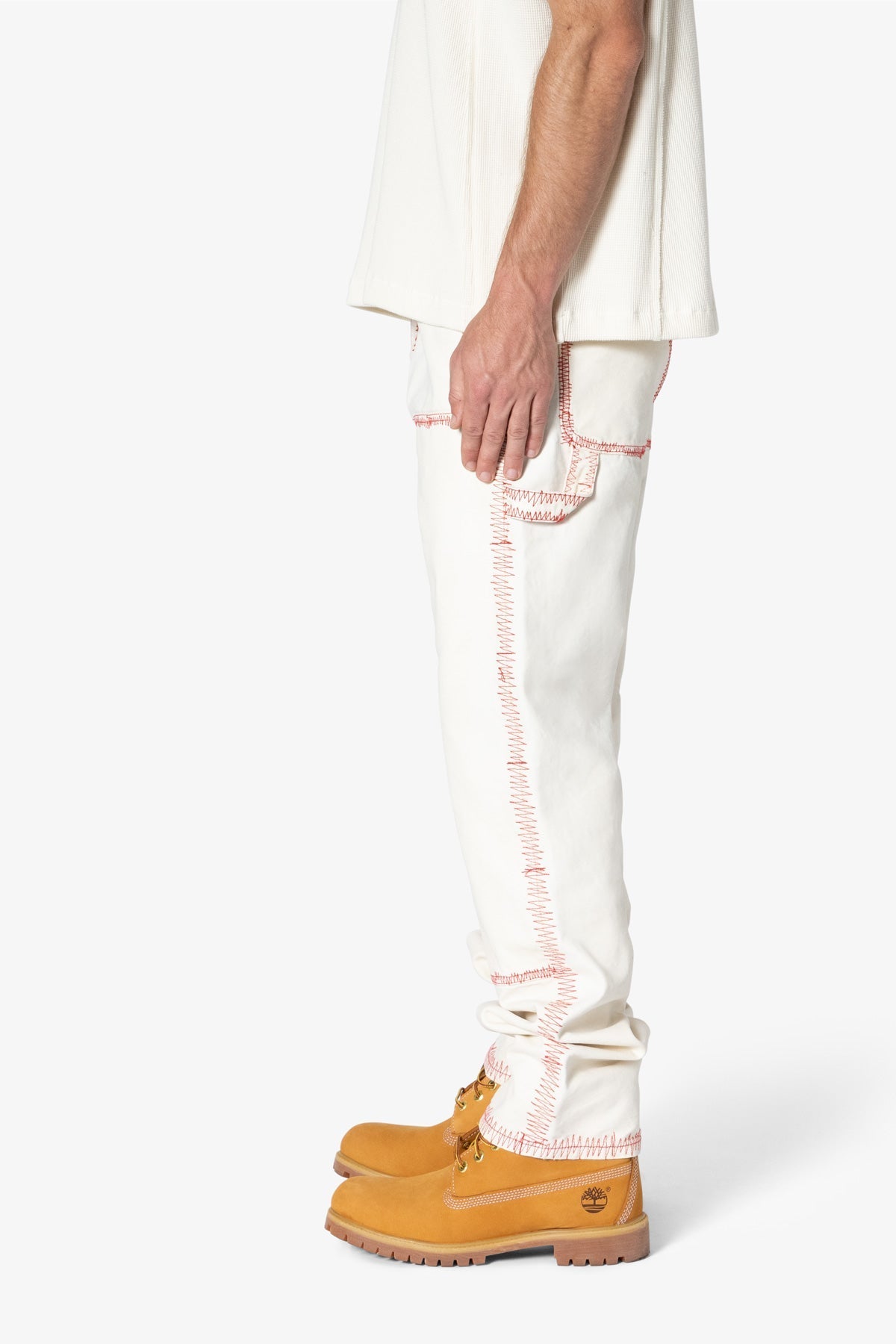 V711 Zig Zag Stitch Baggy Denim - White/Red