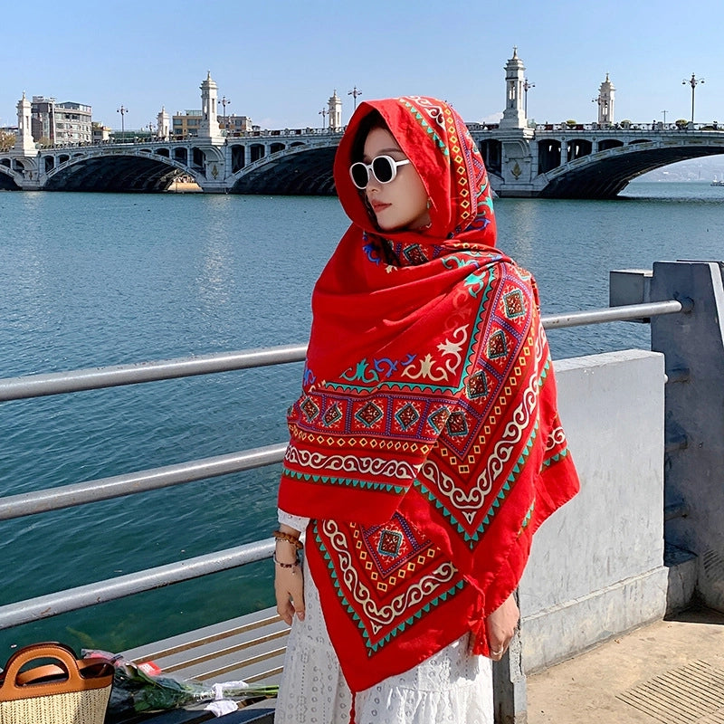 Silk Scarf Women's Summer Seaside Beach Sunscreen Shawl Scarf Dual-use  Long Ethnic Style Plus Size Travel Silk Scarf