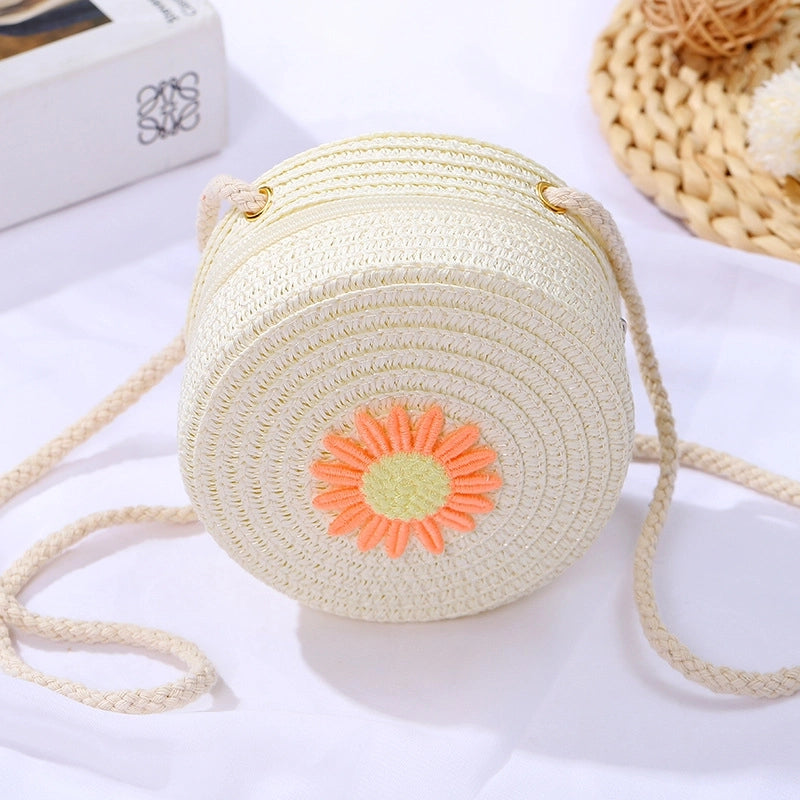 Women's Mini Straw Daisy Vintage Style Round Zipper Straw Bag