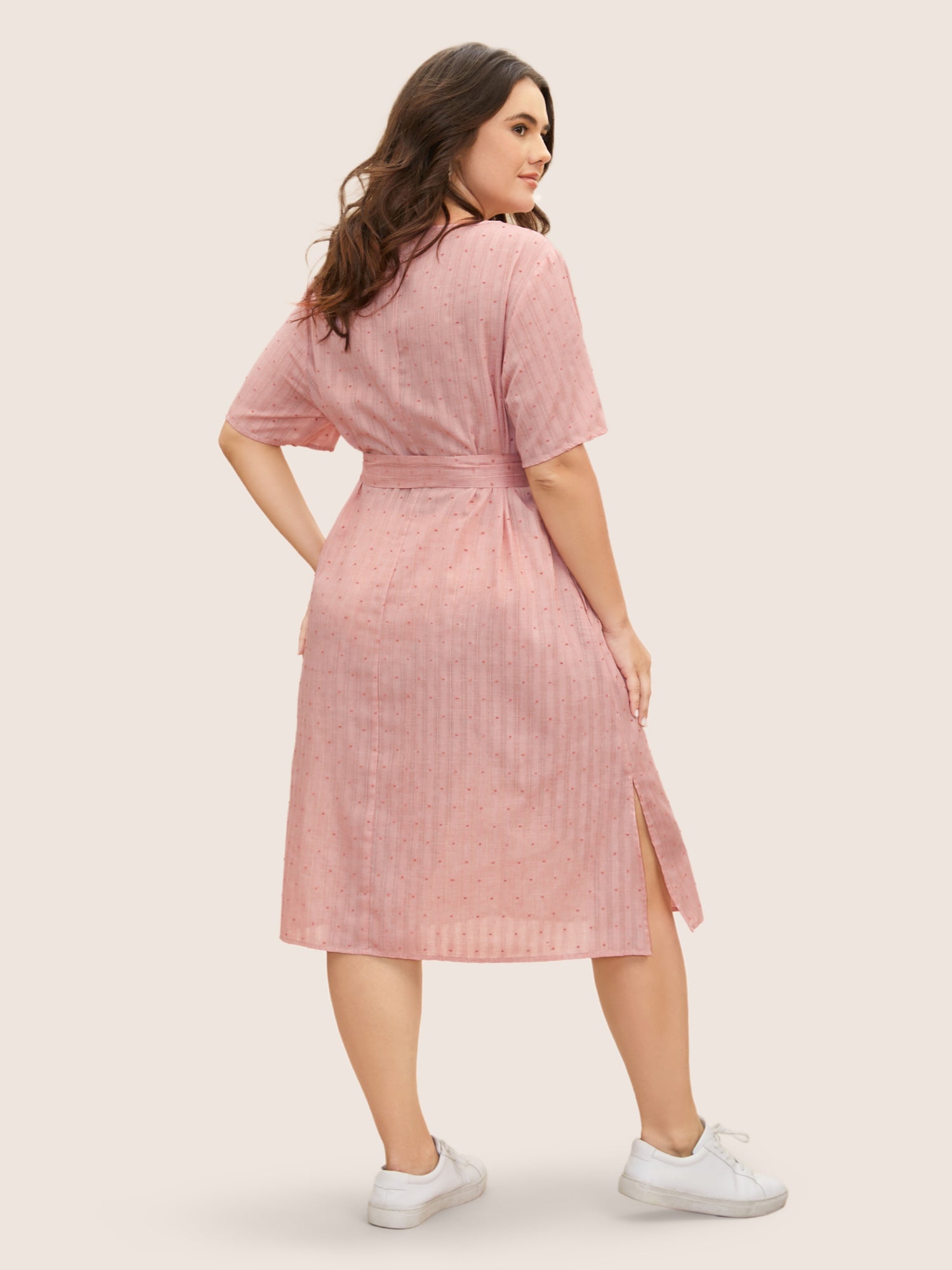 Polka Dot Jacquard Split Hem Belted Dress