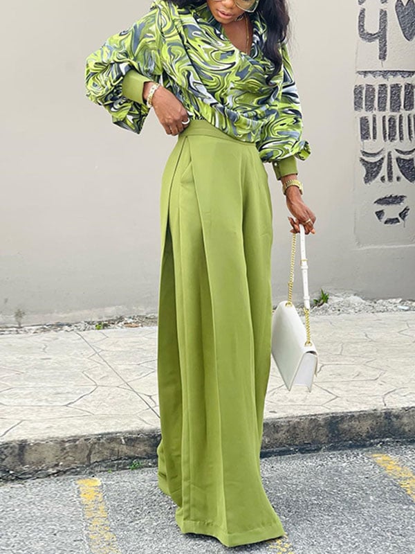 Long Sleeves Printed Heaps Collar Shirts Top + High Waisted Pants Bottom Two Pieces Set