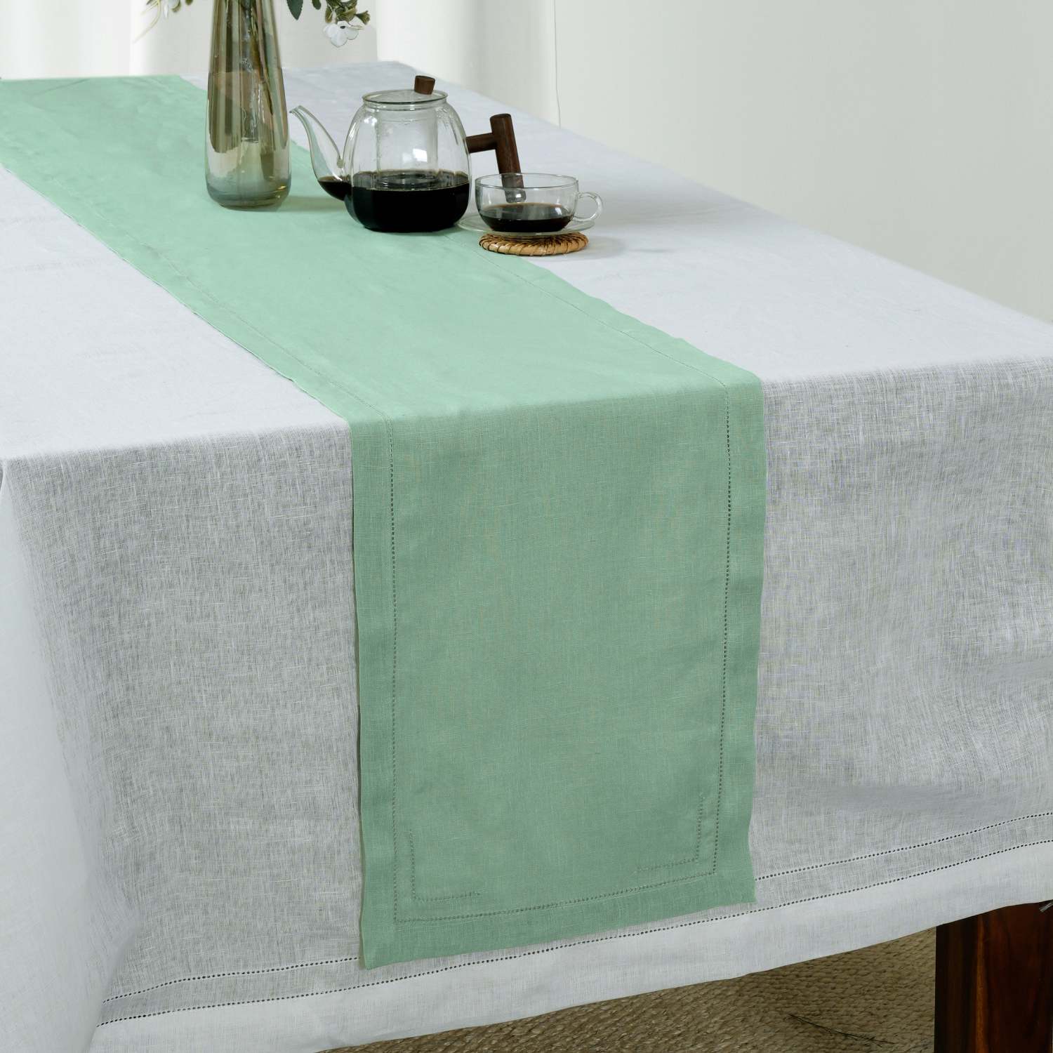Sage Green 100% Linen Incomplete Hemstitch Table Runner 72