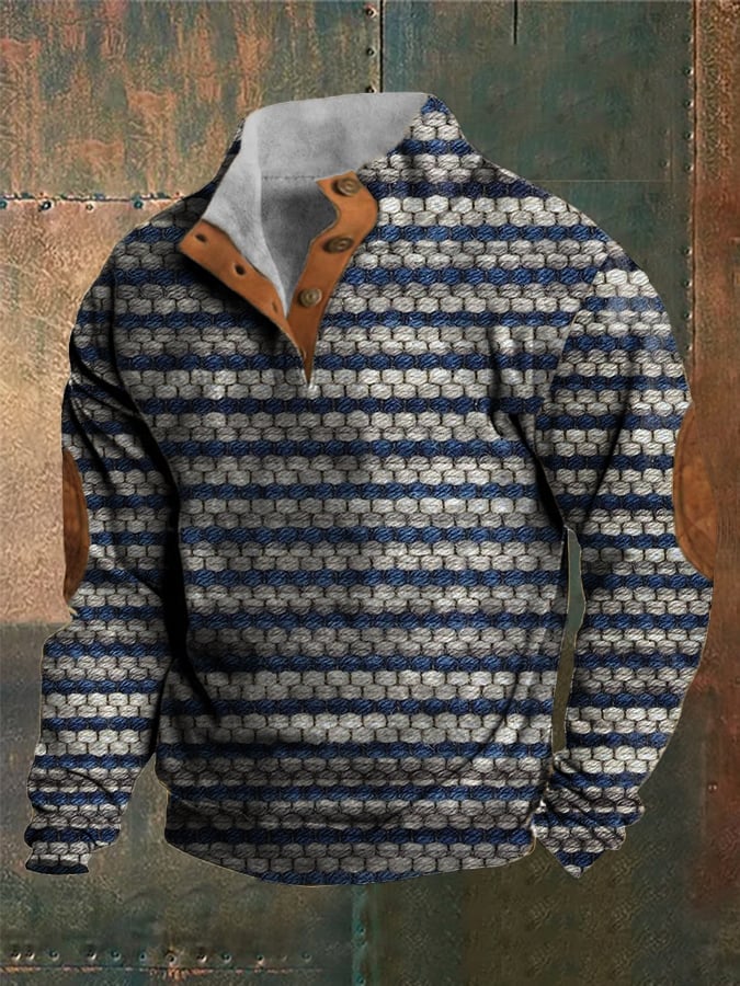 Men's Western Vintage Graphic Design Stand Collar Button Up Sweatshirt