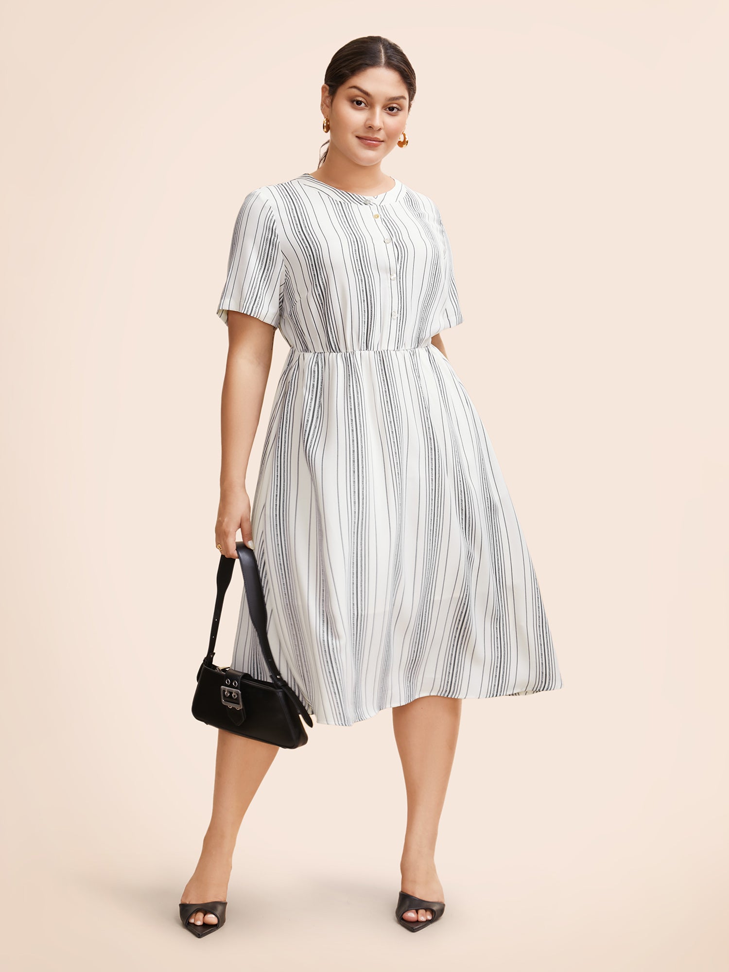 Round Neck Striped Button Up Midi Dress