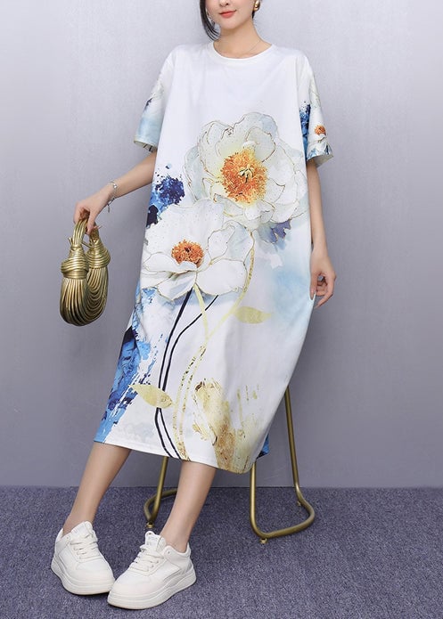 Unique White Print Cotton Straight Dresses Summer