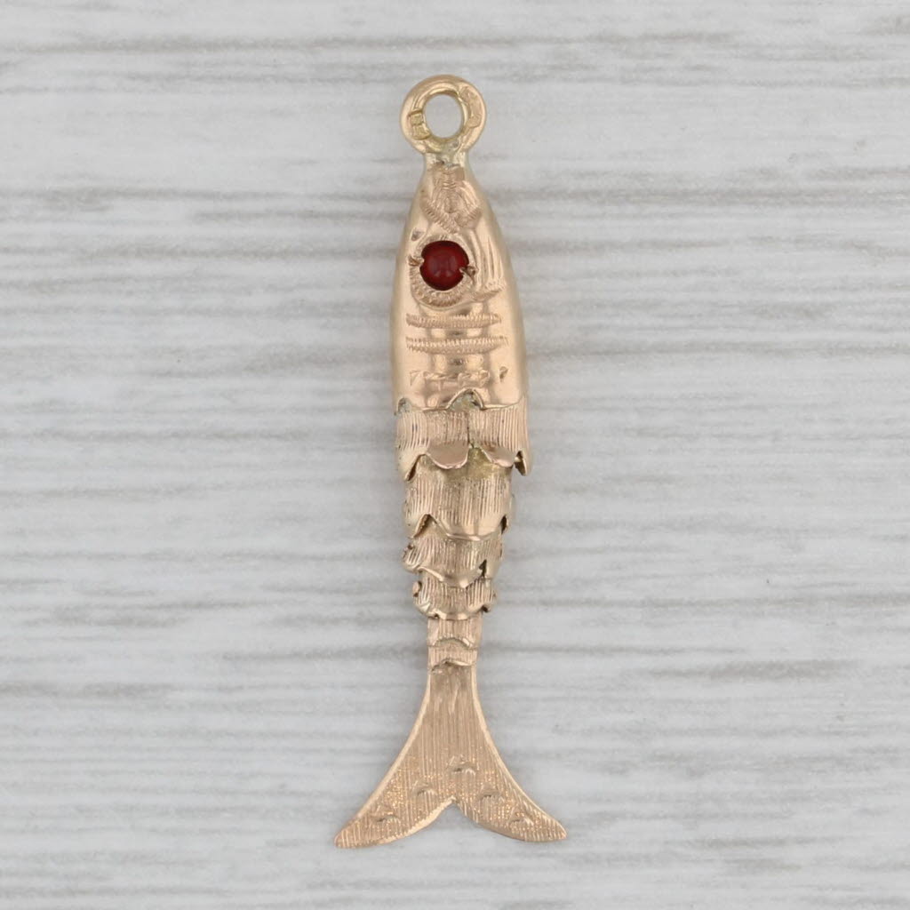 Articulating Fish Charm 800 Yellow Gold Red Glass Eye Nautical Pendant