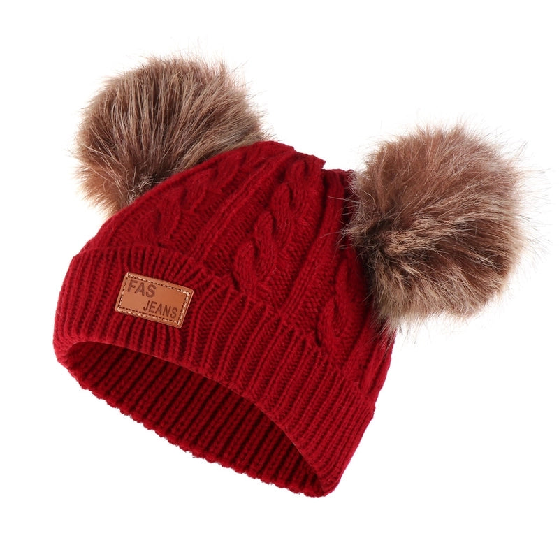Autumn And Winter Children's Thickened Wool Hat Ear Double Hair Ball Warm Ear Protection Knitted Hat Set With Standard Solid Color Hat