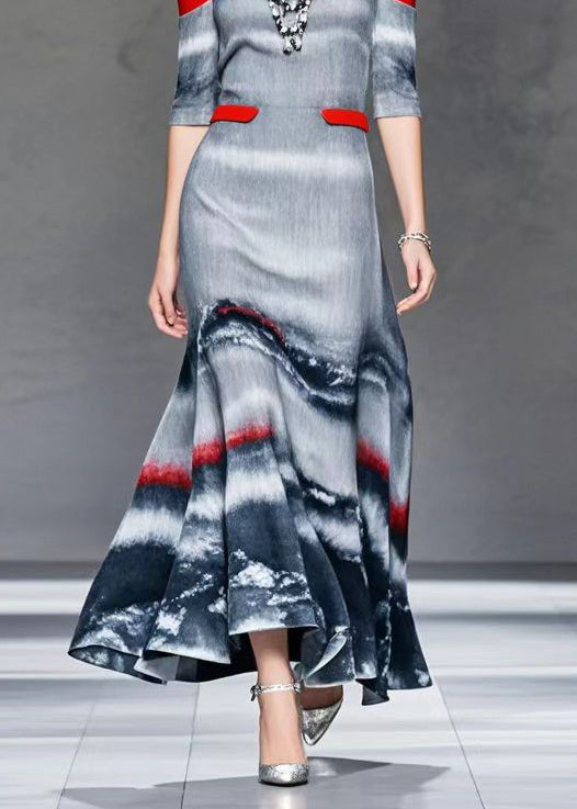 French Grey Cold Shoulder Patchwork Tie Dye Cotton Maxi Dresses Spring