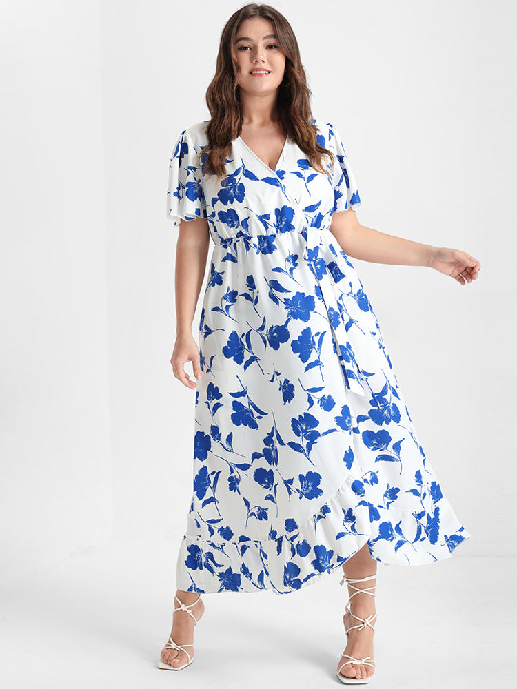 Floral Ruffle Knot Side Wrap Dress