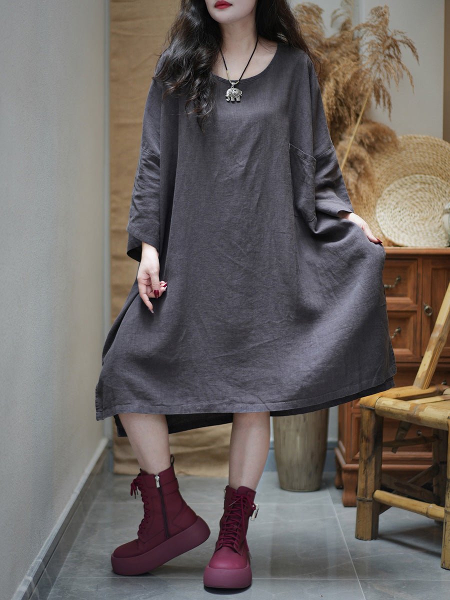 Women Summer Retro Pure Color O-Neck Cotton Dress